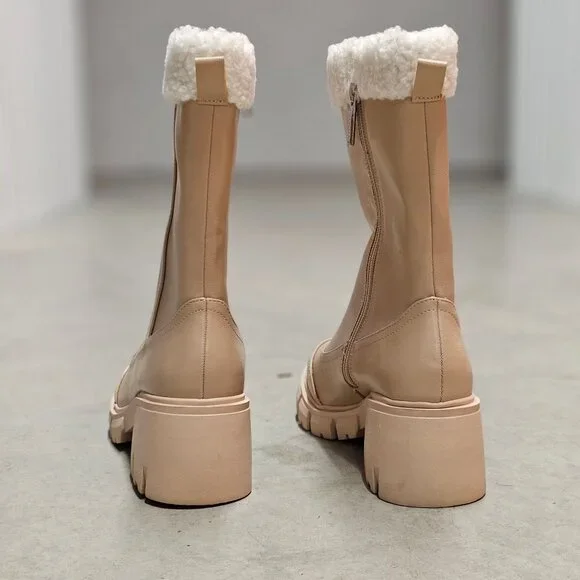 Chunky Nude Faux Leather Winter Boots With Faux Fur Lining & Block Heel
